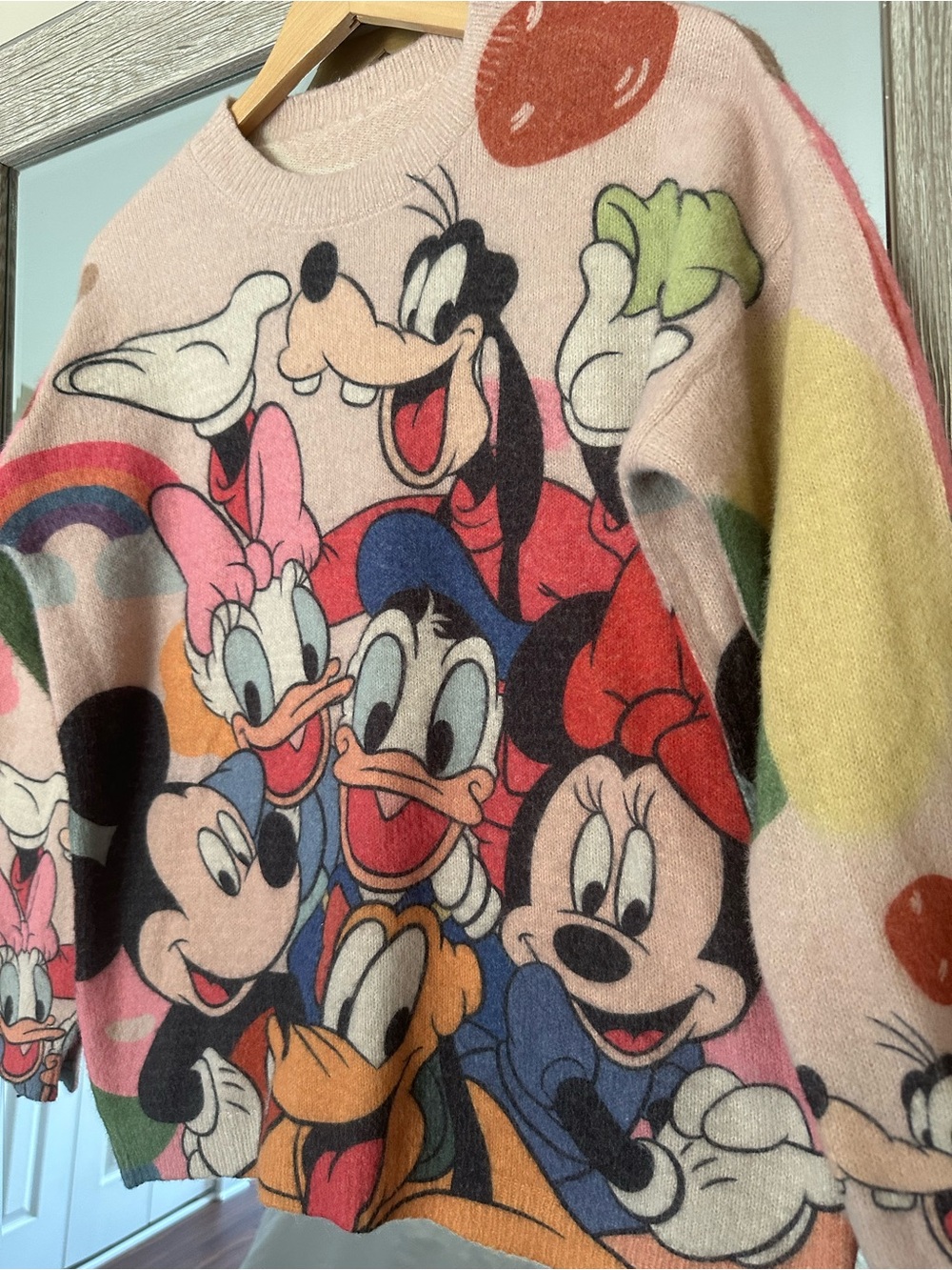 Women’s Pink Colorful Disney Theme Mickey Minnie Sweater Size Small - Picture 2 of 4